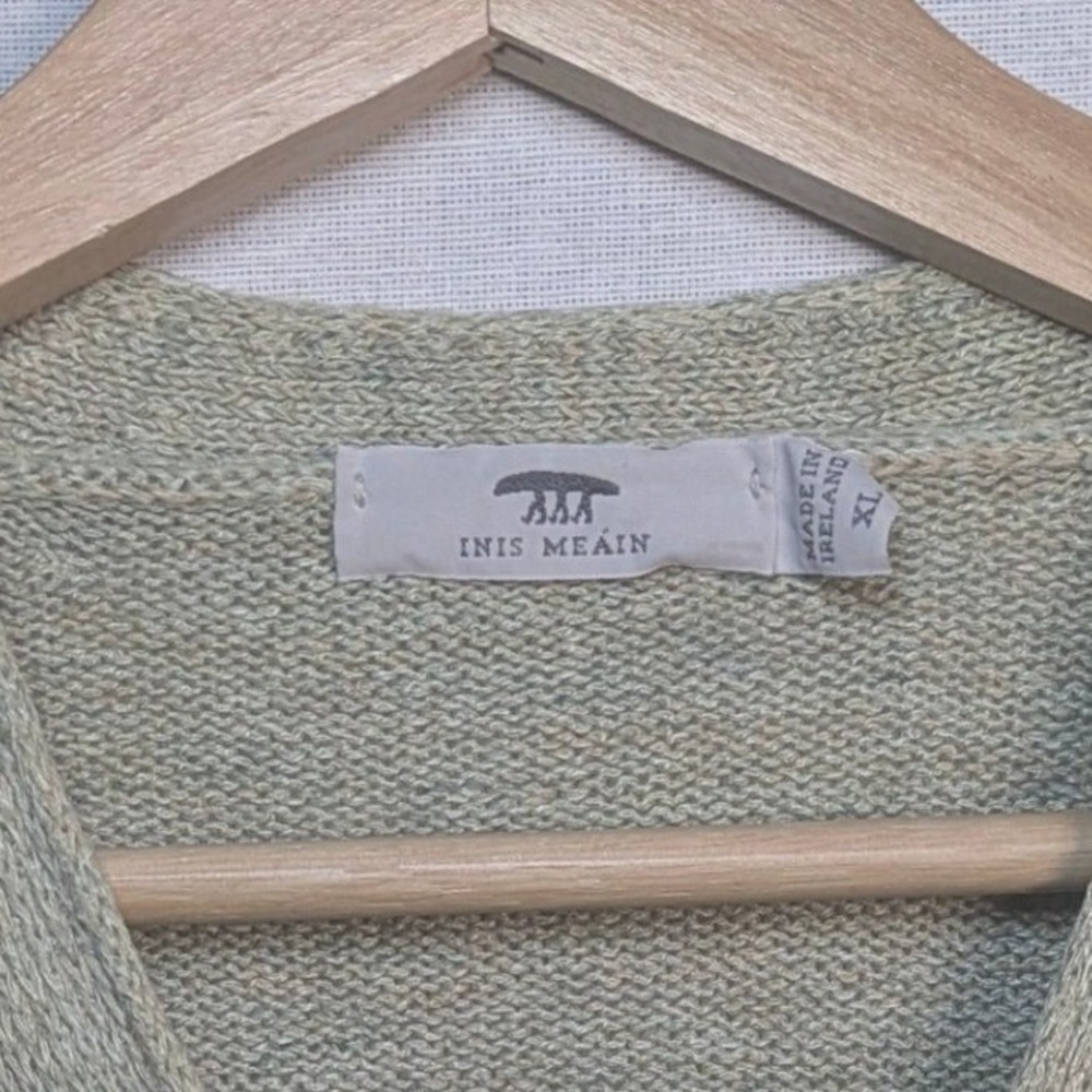 Ines Meain Ireland Aran Islands Linen V-Neck Button Sweater Green XL - Picture 4 of 5